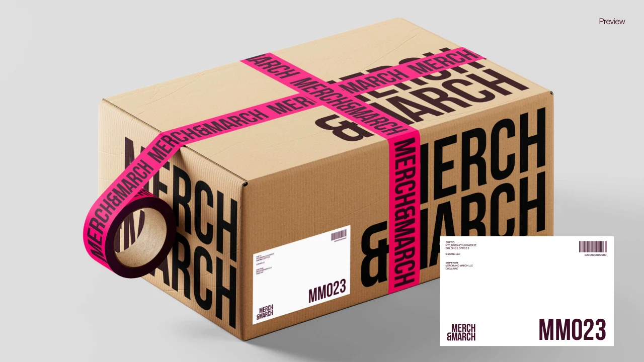 Merch and March: Bold condensed type, hot pink and deep burgundy make a highly recognisable ecommerce and distribution identity.