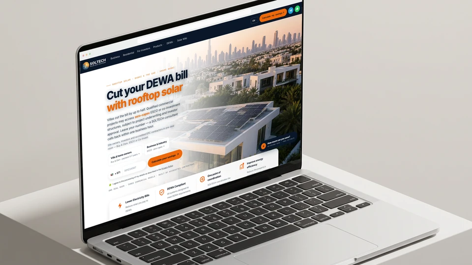 SolTech’s solar quotation website displayed on a silver laptop