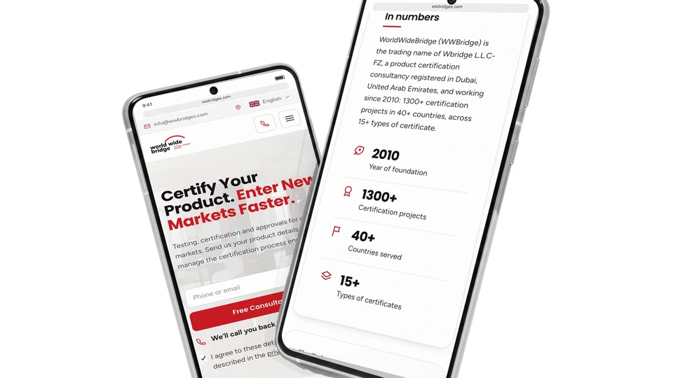 WorldWideBridge’s certification website displayed on two silver phones
