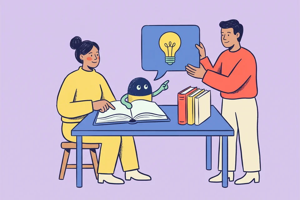 An assistant helps two colleagues connect an open reference book with a useful answer.