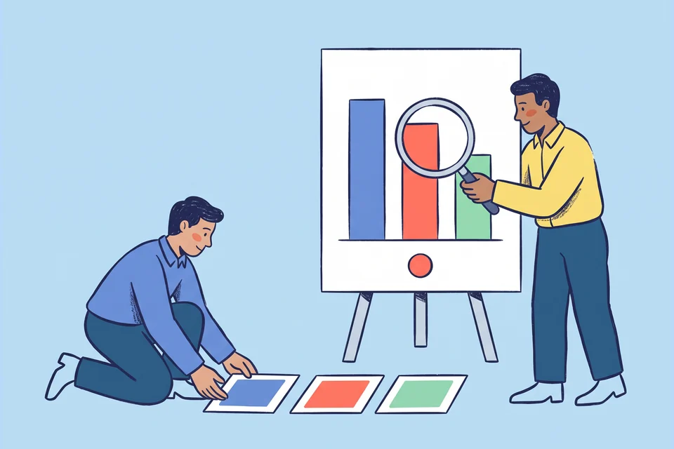 Analysts compare source cards with a chart and inspect one bar through a magnifying glass.