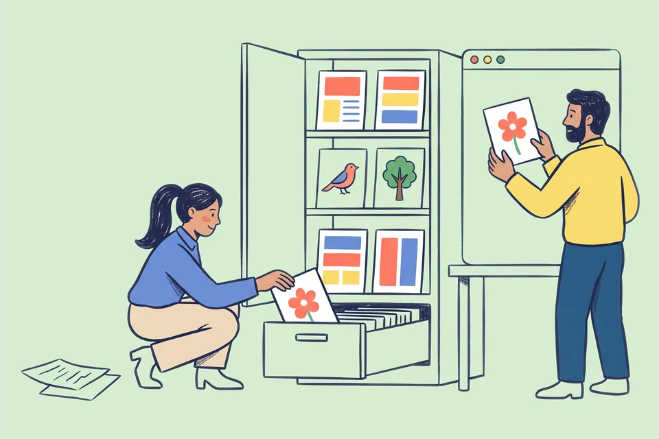 Two editors arrange illustrated content cards in a cabinet and on a website layout.