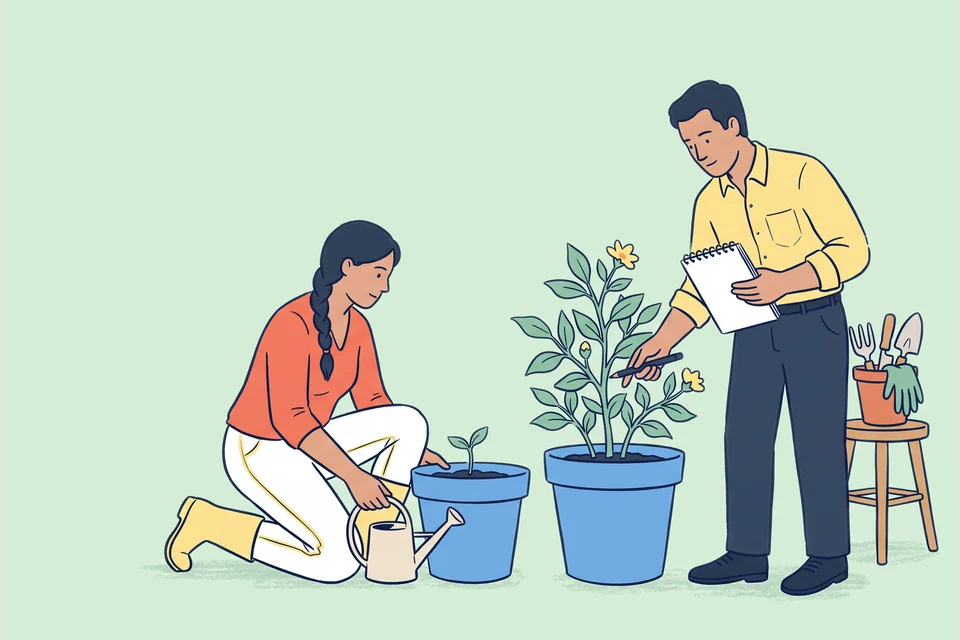 Two colleagues compare plants at different stages and record their observations.