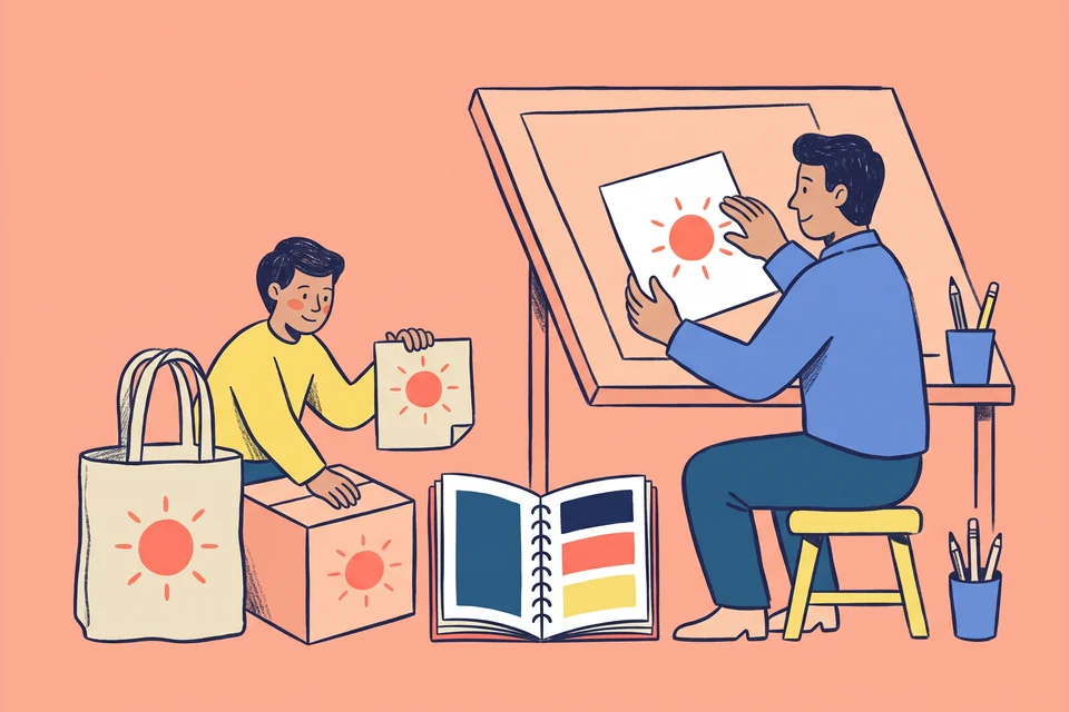 Designers carry the same sun emblem across a brandbook, packaging and a tote bag.