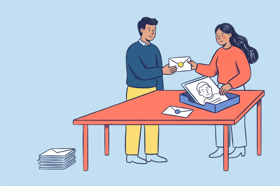 Two sales colleagues hand over an enquiry and organise its contact information.