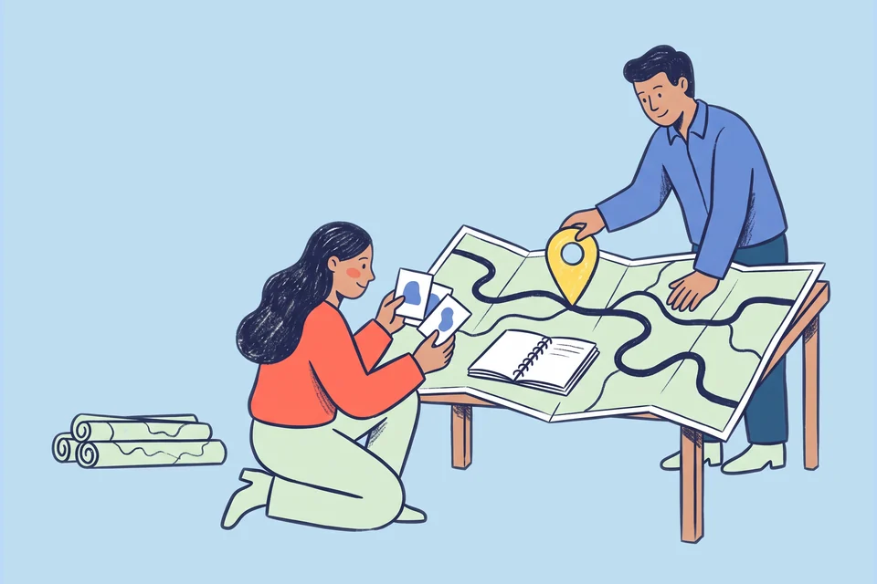 Two strategists compare research cards and choose a destination on a shared route map.