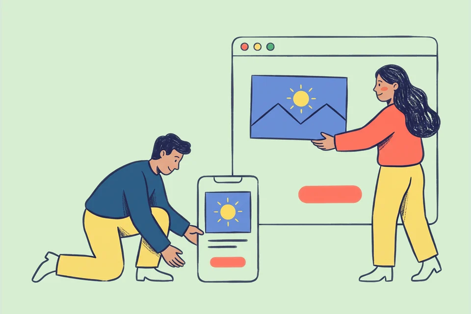 Two designers assemble a website layout and its matching mobile version.